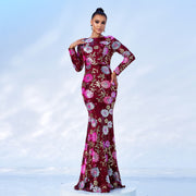 Evening Gown Long Sleeve Temperament Crew Neck Long Sequined Banquet Bridesmaid Dress